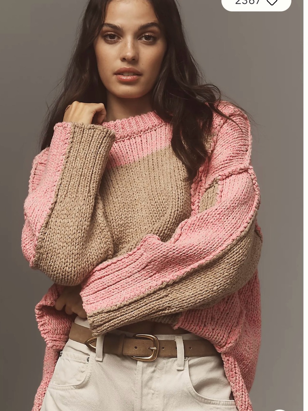 Anthropologie Pilcro Chunky Pink and Tan Colorblock Crewneck Sweater